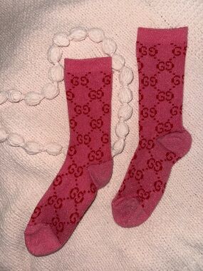 Pink Crew Socks with Red GG Monogram